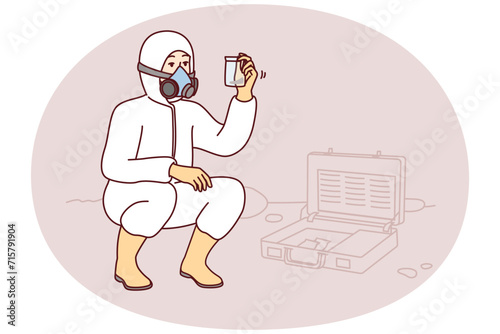 Specialist in chemical protection suit takes sample of earth for further study on analytical harmful substances. Man in respirator examines biohazard samples found on street. Flat vector illustration