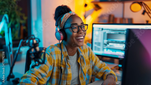A streamer vlogger black woman wearing headphones sits in front of a computer, engrossed in her work.