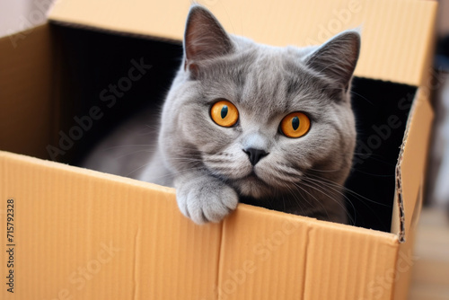 Cute and adorable grey cat peeking out from a box © pilipphoto