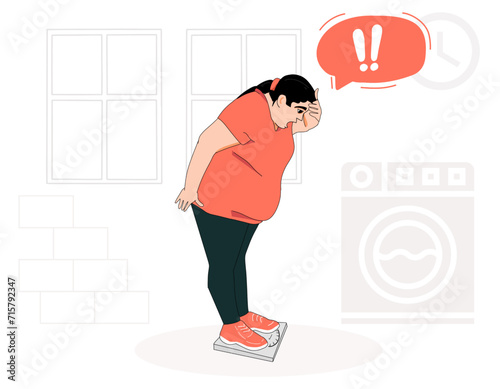 Unhappy stunned woman stand on scales shocked by weight on screen upset surprised with obesity problems and weigthloss vector illustration
 photo