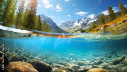 underwater view of lake in the mountains. Clear alpine water in sunlight