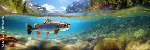 Panorama of a rainbow trout swimming in the water under the sunlight. Mountain river with fish underwater view. #715792509