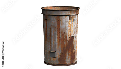 Old rusty metal trash can isolated on transparent background.