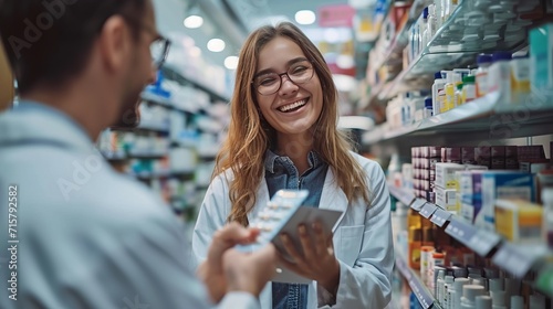 Happy woman chooses medicine with help of young pharmacist in drugstore, generative ai