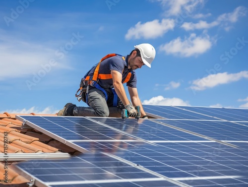  Close-up of a person's hands installing solar panels on a rooftop