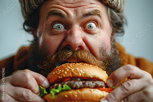 A big and hungry overgrown man with a crazy look eats a delicious cheeseburger. Unhealthy eating and lifestyle concept.