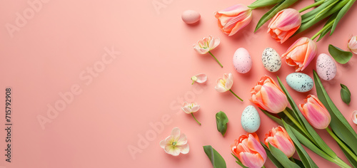 soft pink tulips and easter eggs flat lay on salmon background photo