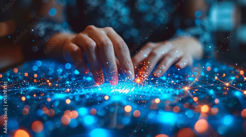 hand uses a keyboard, future technology with networked data