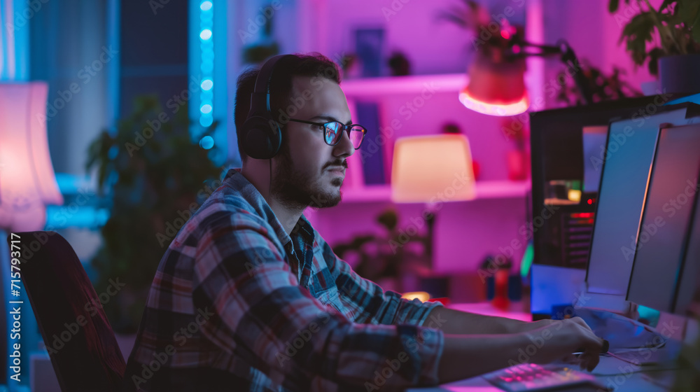 A man sits in front of a computer monitor, focused on his work. A man sits in front of a computer monitor, focused on his work.