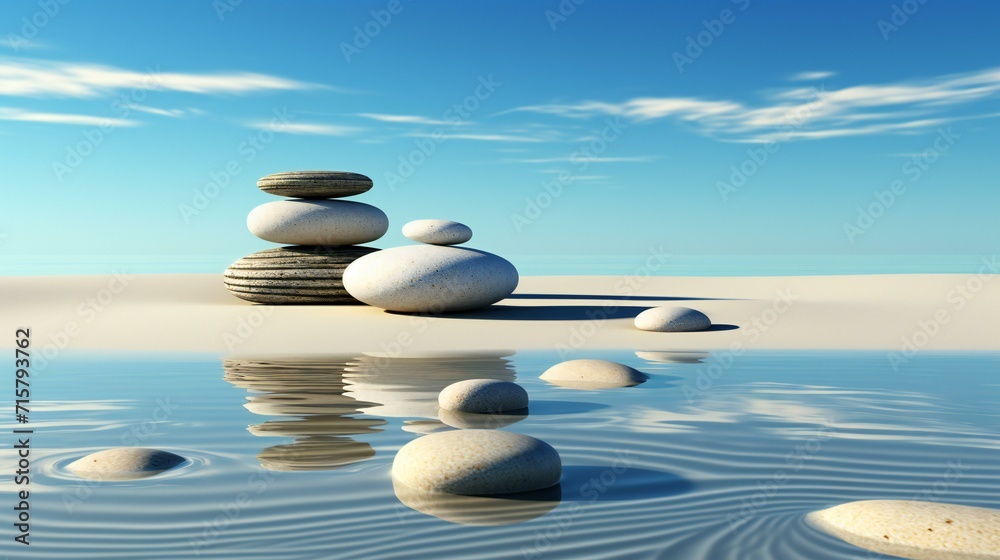 Zen on the Shore: Balanced Pebble Stack by the Sea, Reflecting Harmony and Tranquility