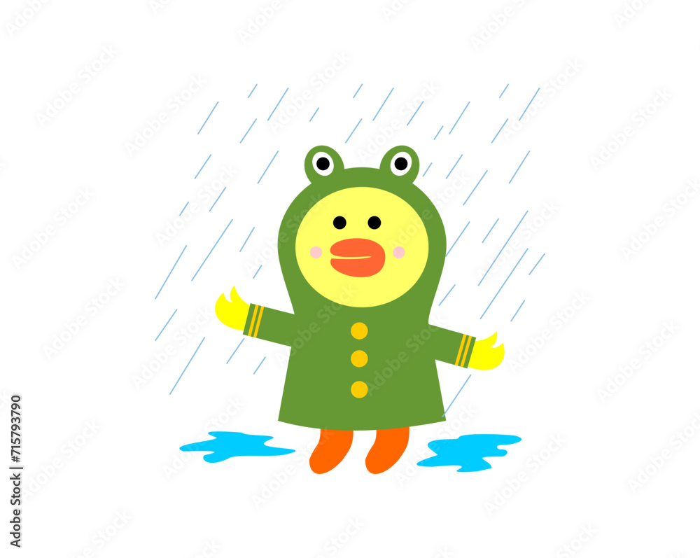 Obraz premium Illustration of cute duck wear raincoat and playing on the rainy day