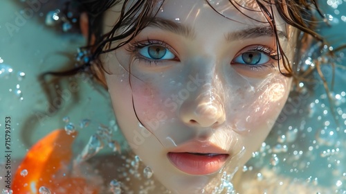Portrait. Young Thai woman posing underwater with open eyes ,generative ai
