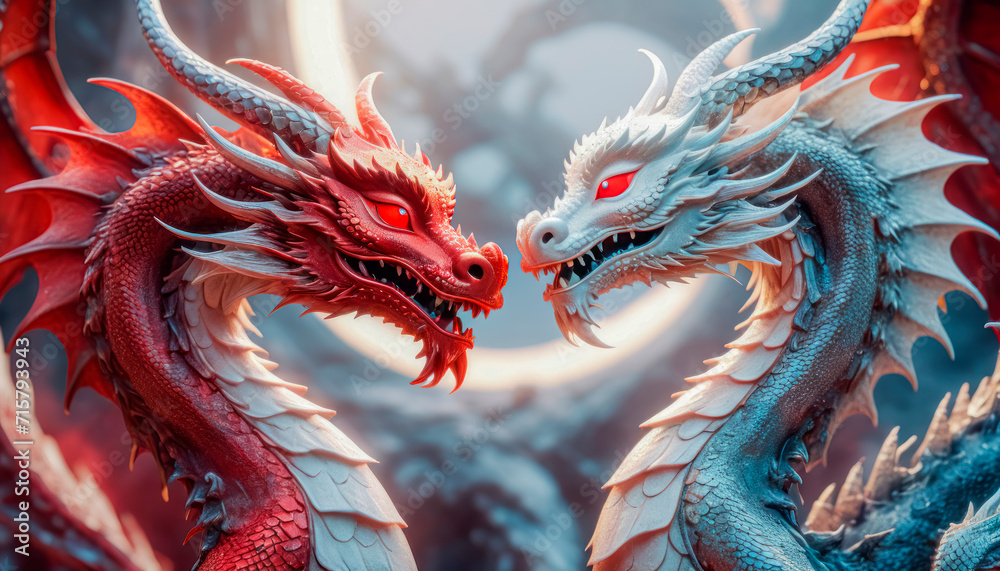 Fototapeta premium Dragons Yin and Yang, warriors of opposites. Two fantastic Chinese dragons. Year of the Dragon according to the eastern horoscope