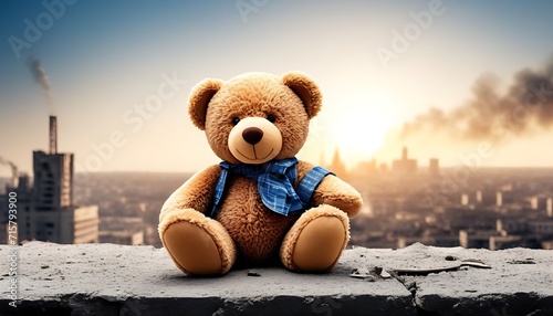 kids teddy bear over burned destructive city of an aftermath war conflict, earthquake or fire and smoke of world war against children peace innocence as copyspace banner created with generative ai