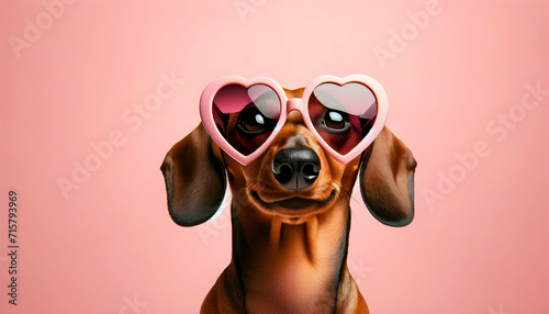 happy cute dog with a heart shaped sunglasses for valentine day, birthday or anniversary, on a pink background   © Zense