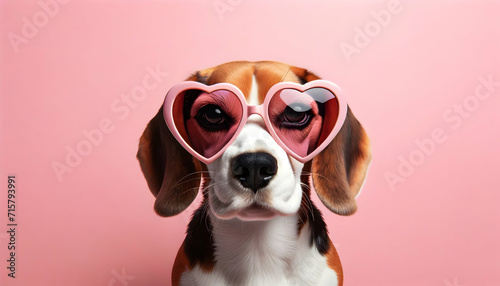 happy cute dog with a heart shaped sunglasses for valentine day, birthday or anniversary, on a pink background	
 photo