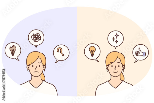 Happy woman generate ideas and lose motivation