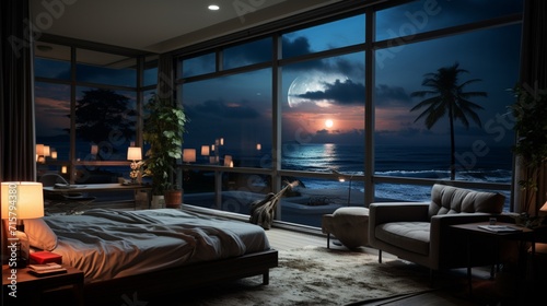 hotel room at night with beach.