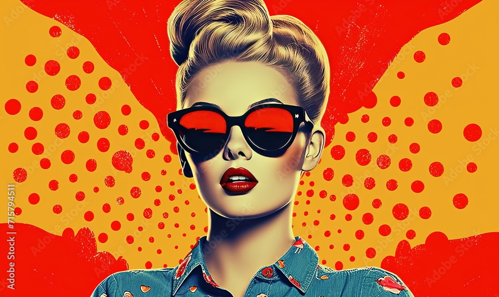 Retro vintage pop-art woman in sunglasses. Creative 1950s background wallpaper, Generative AI  - obrazy, fototapety, plakaty 