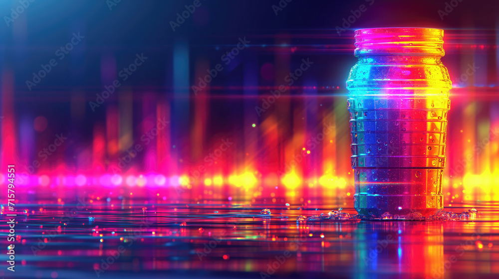 Naklejka premium A plastic bottle with neon illumination on a reflective grid.