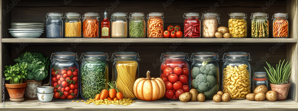 In a long storage cabinet, there are only four relatively tall glass sealed jars containing spaghetti on one floor. Arrange neatly. There are dishes and bowls placed next to it. There is also a small 