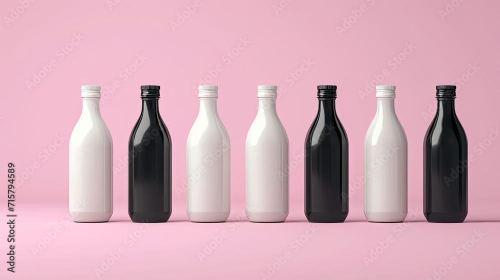 Aesthetic arrangement of black and white bottles on a pink background. Aesthetic arrangement of black and white bottles on a pink background.