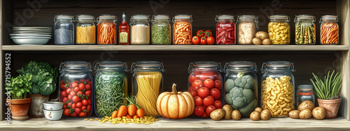 In a long storage cabinet, there are only four relatively tall glass sealed jars containing spaghetti on one floor. Arrange neatly. There are dishes and bowls placed next to it. There is also a small 