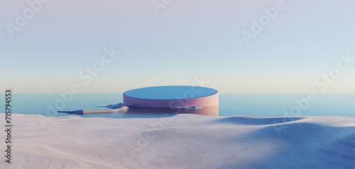 3d Render  Abstract Surreal pastel landscape background with architecture and geometric  beautiful gradient sky scene  lake with clam water  minimal concept.