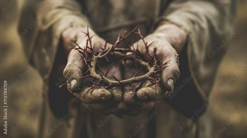 A close-up of hands tenderly holding a crown of thorns against a background of muted tones, emphasizing the symbolic significance of Christ's sacrifice on Good Friday.