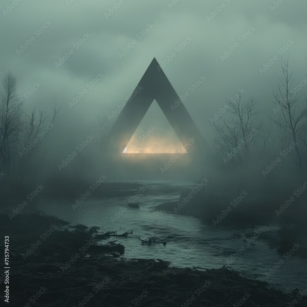 Mystical pyramid in a swamp fog