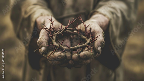 A close-up of hands tenderly holding a crown of thorns against a background of muted tones, emphasizing the symbolic significance of Christ's sacrifice on Good Friday.