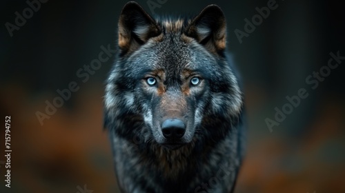 Black wolf walking in a forest close up 