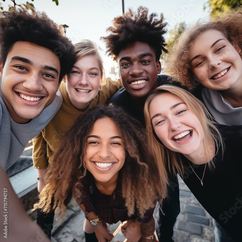 Multiracial young people laughing together at camera - Happy group of friends having fun taking selfie pic with smart mobile phone - Youth community concept with guys and girls hugging outdoors