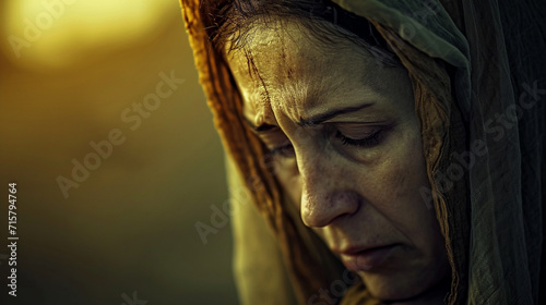 An emotional portrayal of Mary at the foot of the cross, her grief and sorrow palpable. The subdued color palette and intimate composition create a poignant visual narrative for Go photo