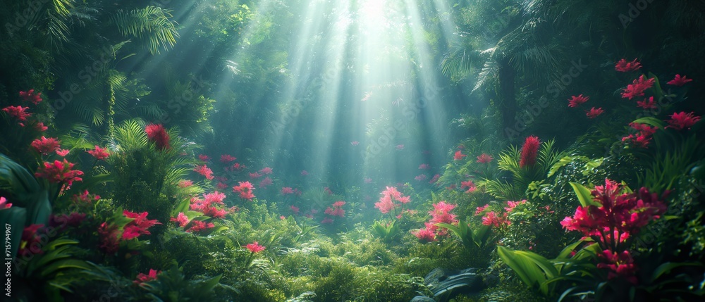 Sun Rays In A Forest With Flowering Plants.
Illustration On The Theme Of Nature And Ecology, Climate And Seaso. Generative AI

