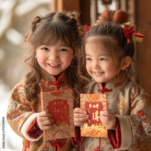 Candid shots of children exchanging traditional Chinese New Year gifts red envelopes