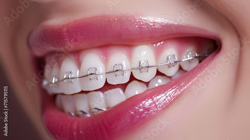 Close-up of a happy smile of a young woman with healthy white teeth with metal  braces.  Dentistry concept