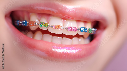 Close-up of the smile of a teenage girl with bright multi-colored shiny braces on healthy white teeth. Children's dentistry concept.