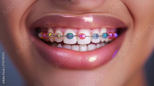 Close-up of a young African American woman's smile with colorful shiny braces on healthy white teeth. Dentistry concept