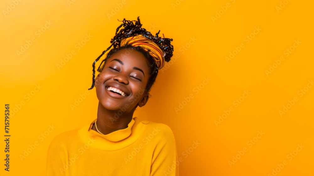 Obraz premium Happy black woman ,Happy person engaged in a fulfilling hobby. Laughing. Optimistic, isolated on yellow background