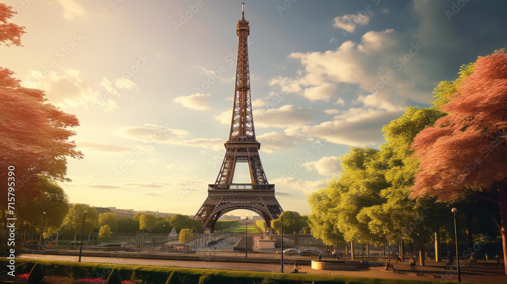 Obraz premium French Eifel Tower on a beautiful summer day, seen from the streets of Paris. French old structure. Famous Tourist destination. Biggest french tourist attraction, Romantic symbol.