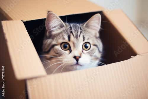 Cute and adorable tabby cat peeking out from a box