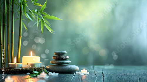 Calm, balanced stack of black massage stones, glow of candles and bamboo leaves on a green background with bokeh effect on a textured wooden surface with copy space. photo