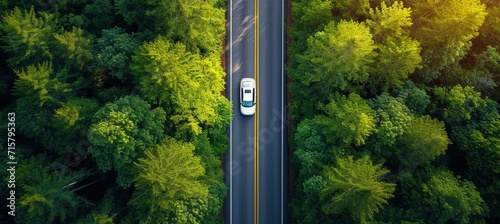 Aerial view of car driving on asphalt road through lush rainforest with dense tree canopy