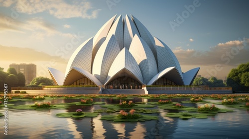 The lotus temple on a beautiful summer day with a beautiful sunset. Lotus shaped New Delhi's popular house of worship. Modern Indian religious temple. Tourist destination. photo