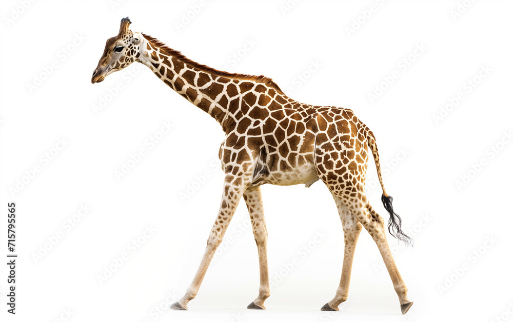 Giraffe walking isolated on white background. Generative AI