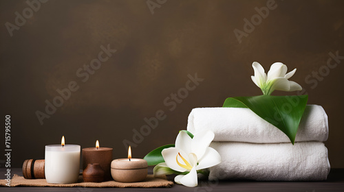 Spa resort concept with a tranquil setting with candles, white exotic flowers and towels, against a backdrop of dark soothing colors and copy space.