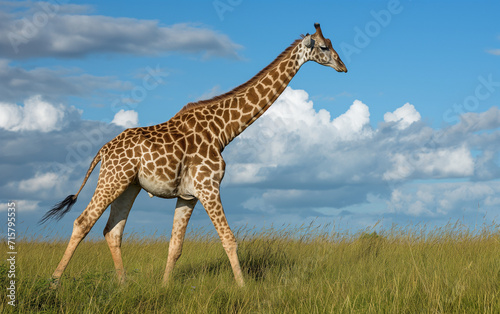 Giraffe standing in meadow blue sky background. Generative AI © Nipawan