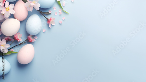 A soothing arc of pastel Easter eggs and spring cherry blossoms graces the top edge of a serene blue background  providing a spacious area for heartfelt Easter wishes.