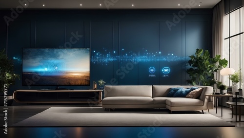 Living room in a smart home with a TV screen photo